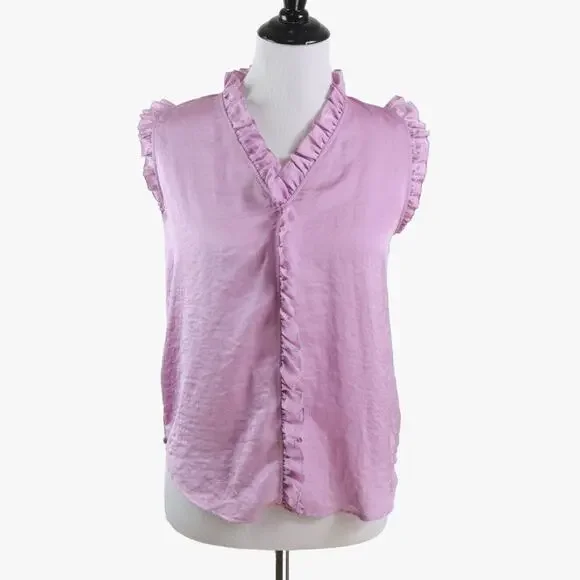 Ann Taylor Size XS Ruffle Front Shell Blouse Sleeveless V Neck Pink - Picture 3 of 10
